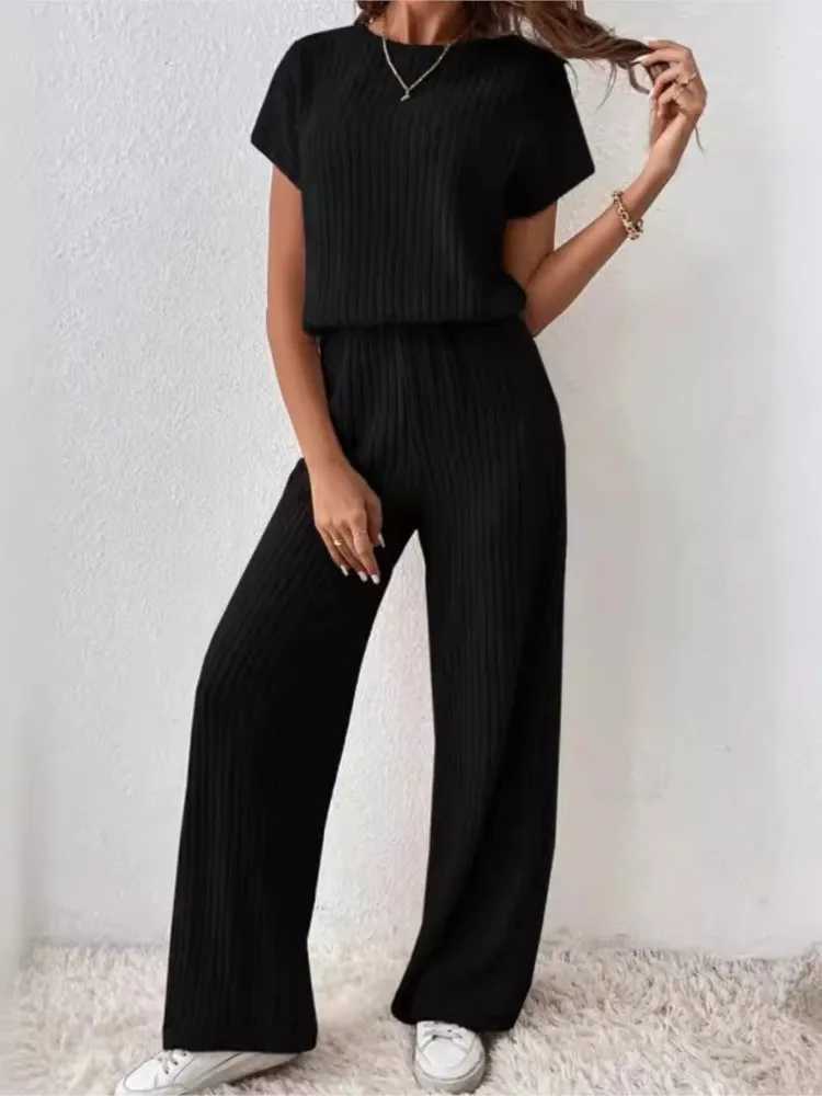 Simple Style Rib Knit Long Pants Suit Women Casual Short Sve T-shirt Loose Trousers 2 Piece Sets Summer Autumn Women SetXJ250106