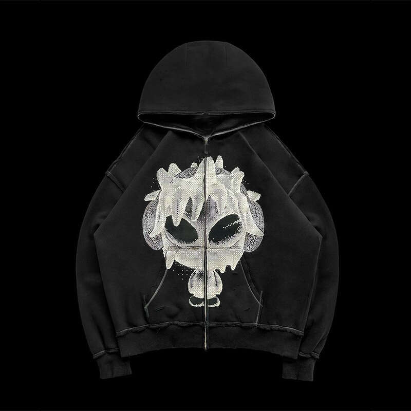 Loose cartoon trendy brand, guard print, hot diamond, high street hooded cardigan with zipper