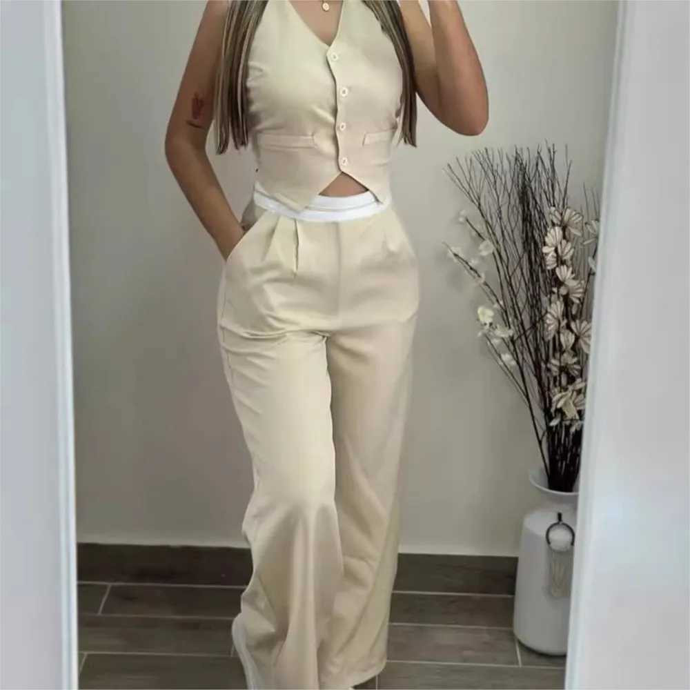 Womens 2 Piece Ele Comting V-Neck Buttoned Vest Top And Contrast Paneled High Waist Pocket Design Wide Leg Pants SuitXJ250106