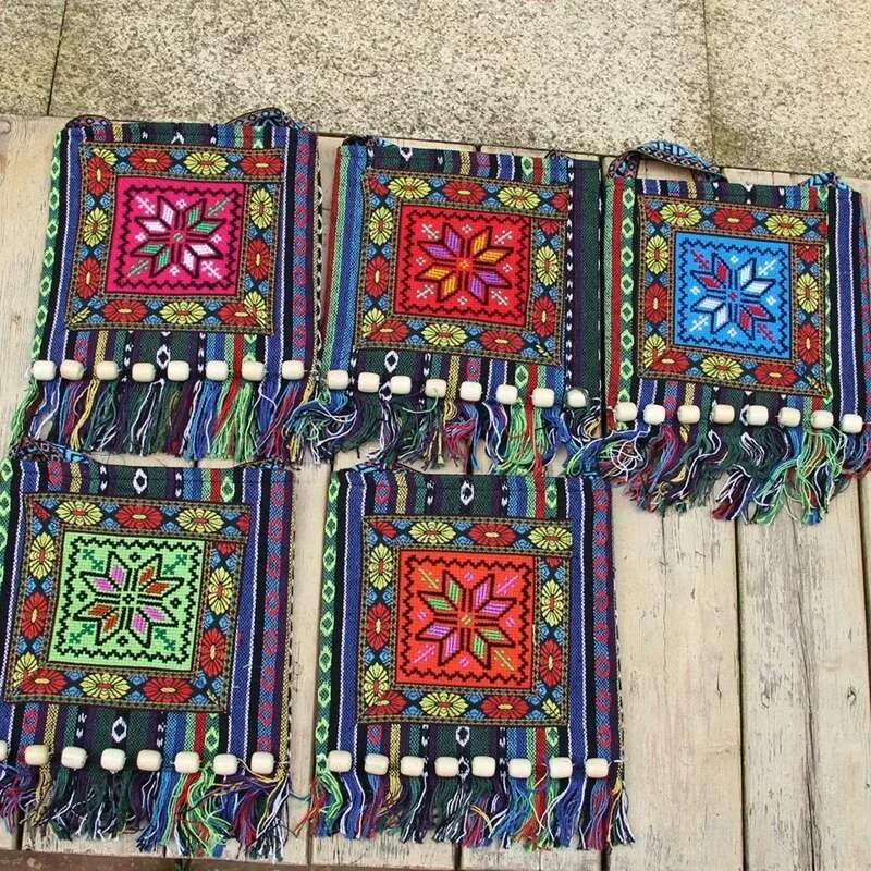 Lawaia Boho Crossbody Southeast Asia Bohemian Random Pattern En Tassels Embroidery Wood Bead Handmade Mans Bag