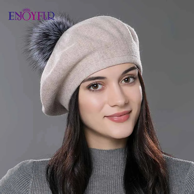 ENJOYFUR Women Winter Classic French Beret Cashmere Wool Knit Real Fur Pom Beret Hat For Lady Warm Fashion Fur pom Beret 250106
