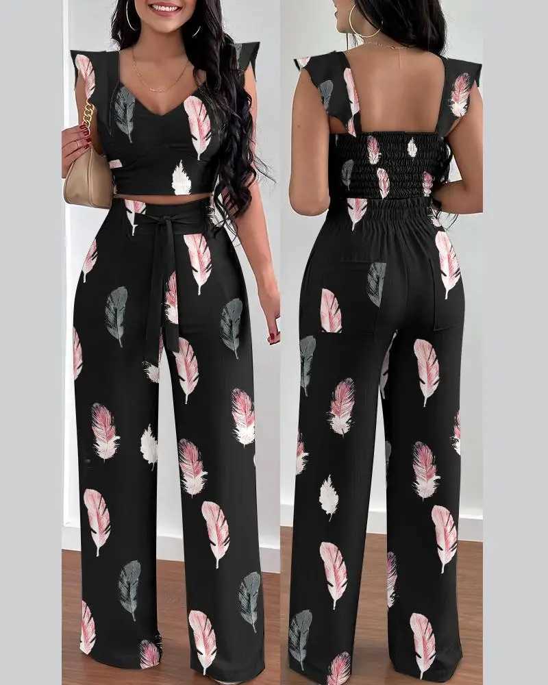 Two Piece Set For Women Summer V-neck Printed Flying Sves Short Top Tie Up High Waisted Pants Fashion Casual Pants SetXJ250106