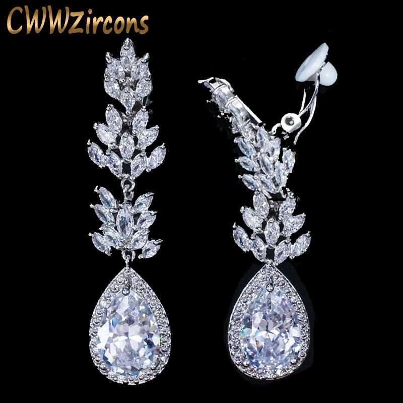 CWWZircons No Hole Pierced Ear n Cubic Zirconia Crystal Pave Women Long Water Drop Clip on Earrings without Piercing CZ411 250103