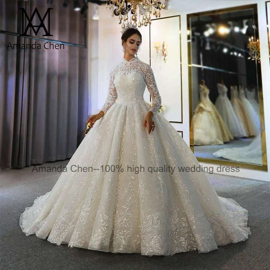 Abito Da Sposa High Neck Lace Applique Wedding Dress Long Sleeve