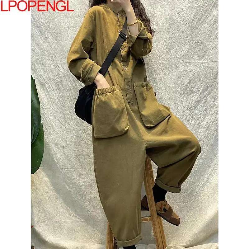 New Women's Solid Color Spring Long Sleeves Jumpsuit Personalized Fashion Pullover Straight Streetwear Pockets One Piece Pants