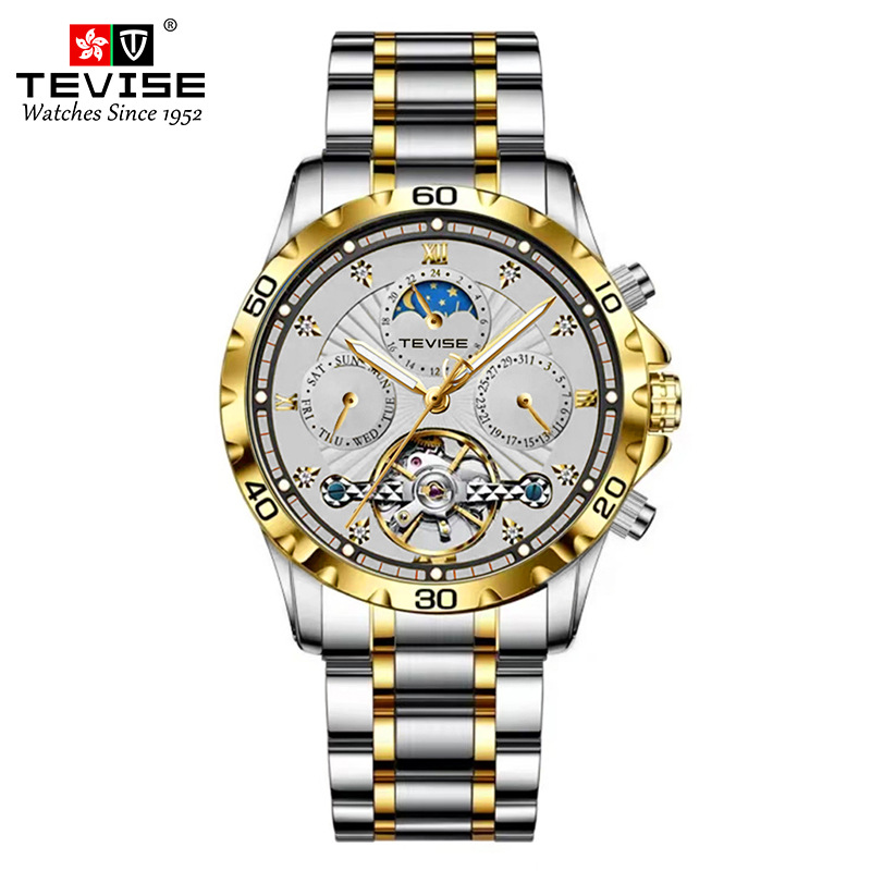 TEVISE Fashion Business Mens Mechanical Watch Waterproof Tourbillon Steel Strap Multifunctional Mens Watch T024-T9009