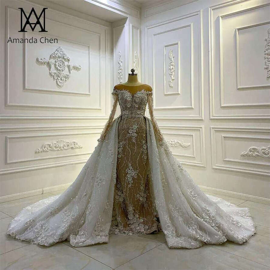 Long Novias Sleeve Lace Applique Pearls D Wers Detachable Skirt Wedding Dress