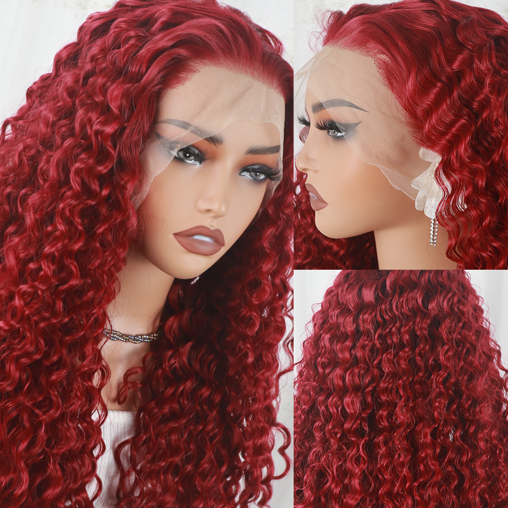 13x4Lace Front Red Deep Wave Wig Fashion Dark Root Realistic Curly Heat Resistant Fiber Look Like Human Hair