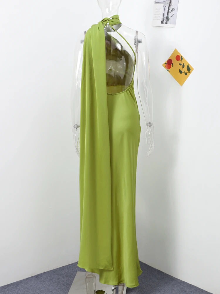 Elegant Satin Halter Party Dres Casual Slim Backless Sleeveless High Waist Female Robes 2024 Autumn Lady Evening Dresses 250103