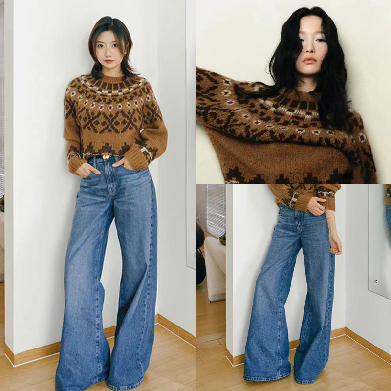 Women 2025 New Autumn And Winter Fair Isle Jacquard Pullover Sweater/Big Flare Jeans