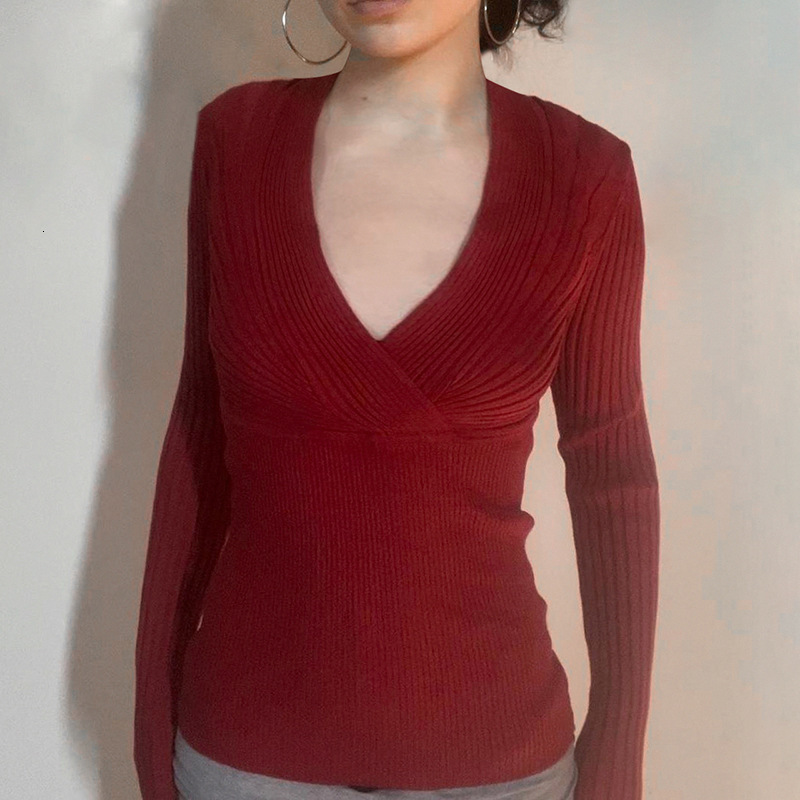 Fashionable intellectual style knitted pullover V-neck slim fit sexy spicy girl long sleeved knitted t-shir