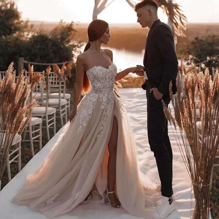 Beach Boho Wedding Dress Bride Sweetheart Necke Tiered Tulle Bridal Gowns Sexy High Split Beaded Lace Marriage For African Arabic Black Women Girls 09