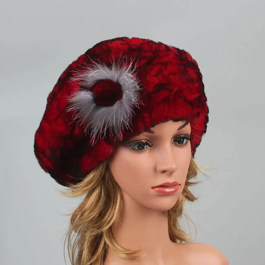 Berets for women Genuine Rabbit Fur Hat Winter Causal Warm Knitted Cap For Girls Female Fashion Outdoor Large Ladies Volume Hats 250106