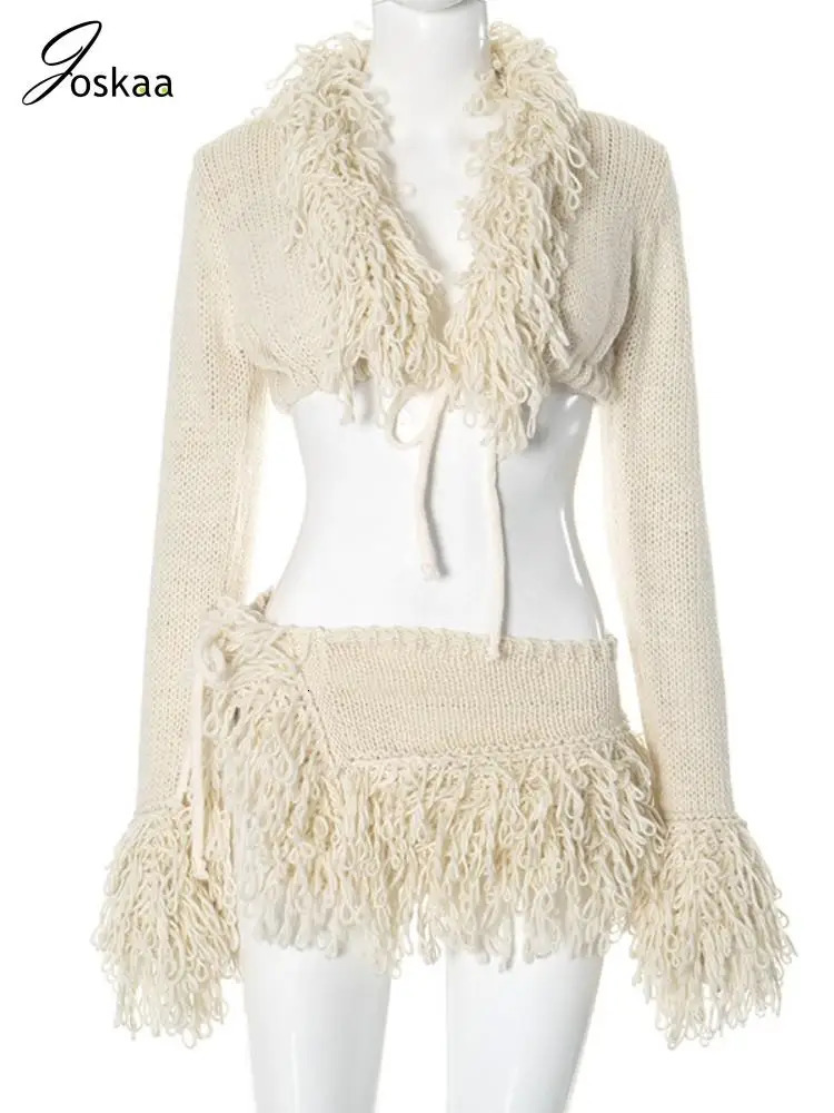 Joskaa Knitted Tassels 2 Piece Sets Women Hipster Sexy Long Sleeve Lace-Up Cardigan Tops and Mini Skirts Matching Party Clubwear 250106