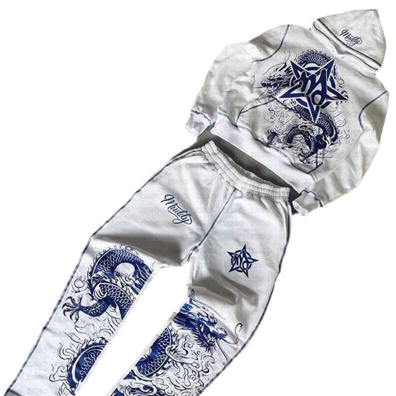 Fashion Dragon print long sleeved loose fitting unisex hoodie hooded pullover couple set