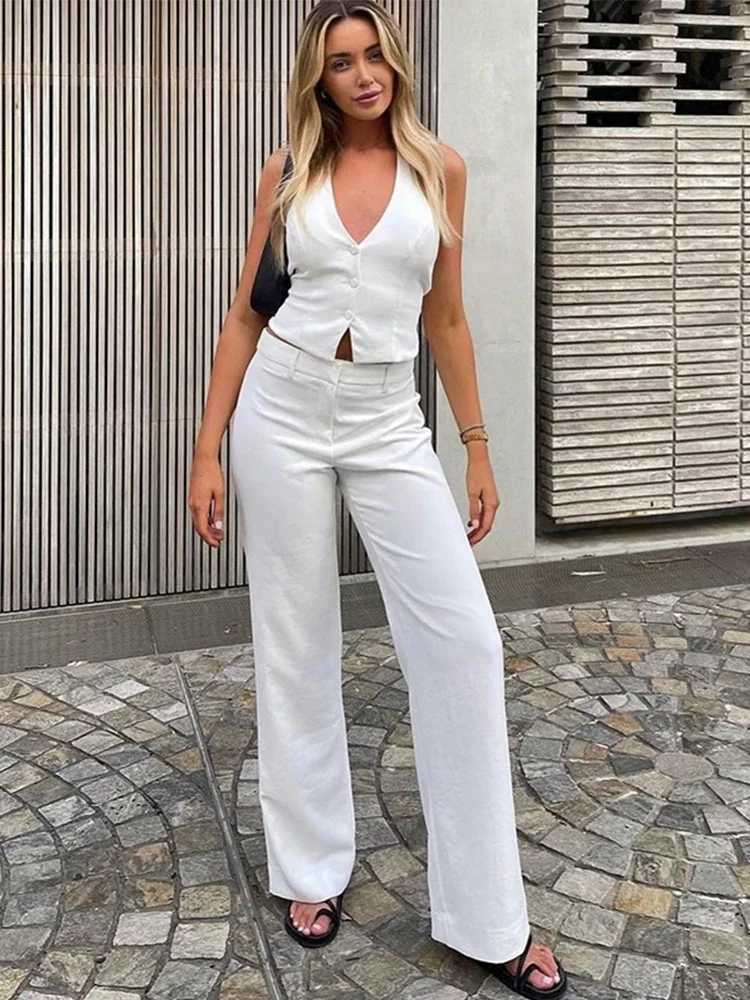Fashion Suit Long Pants Sets Women Spring Summer V Neck Halter Vest High Waist Wide Leg Pants 2 Pieces Sets Lady Chic StreetwearXJ250106