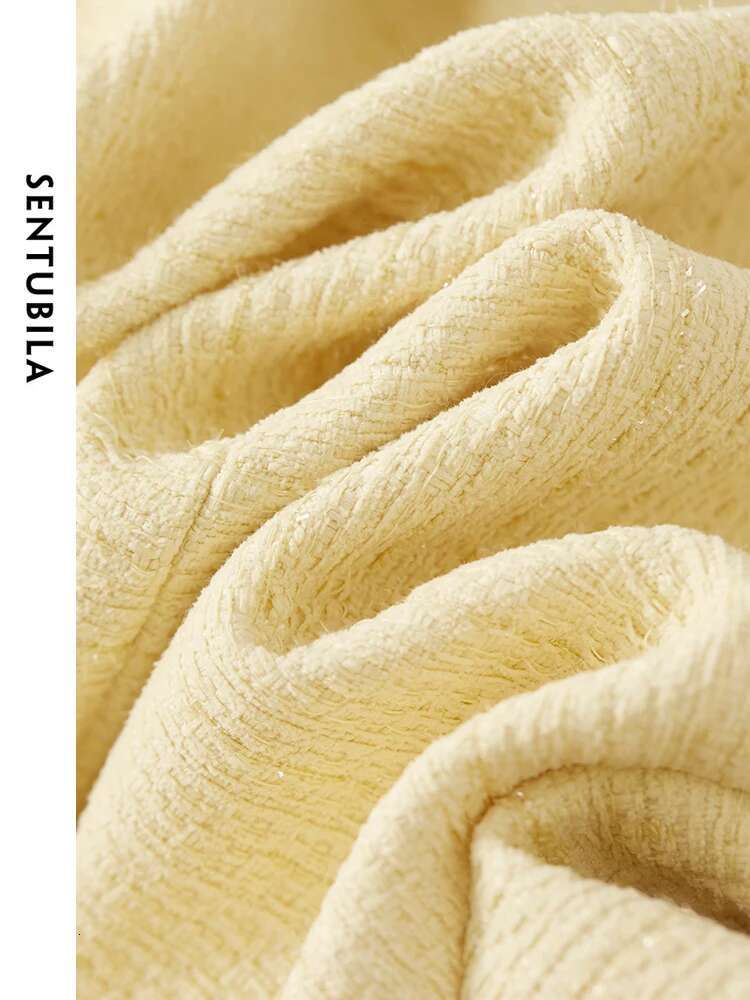 SENTUBILA Light Yellow Elegant Cropped Tweed Jacket 2024 Spring O-Neck Single Breasted Short Coat Female Outerwear 141W52222