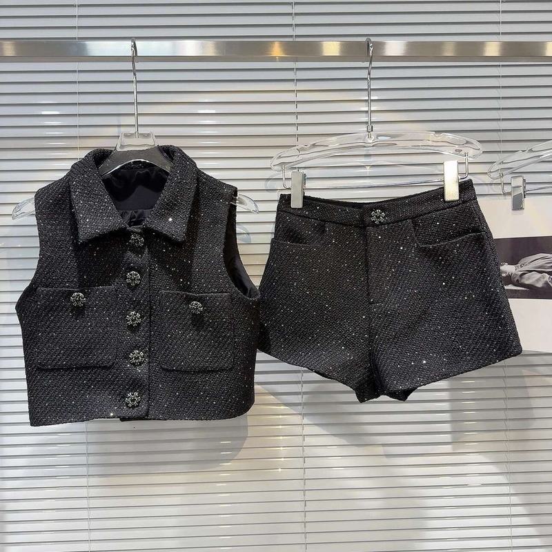 PREPOMP 2024 Spring Sleeveless Turn Down Collar Bright Silk Tweed Vest Slim Shorts Two Piece Set Women Outfits Gp509