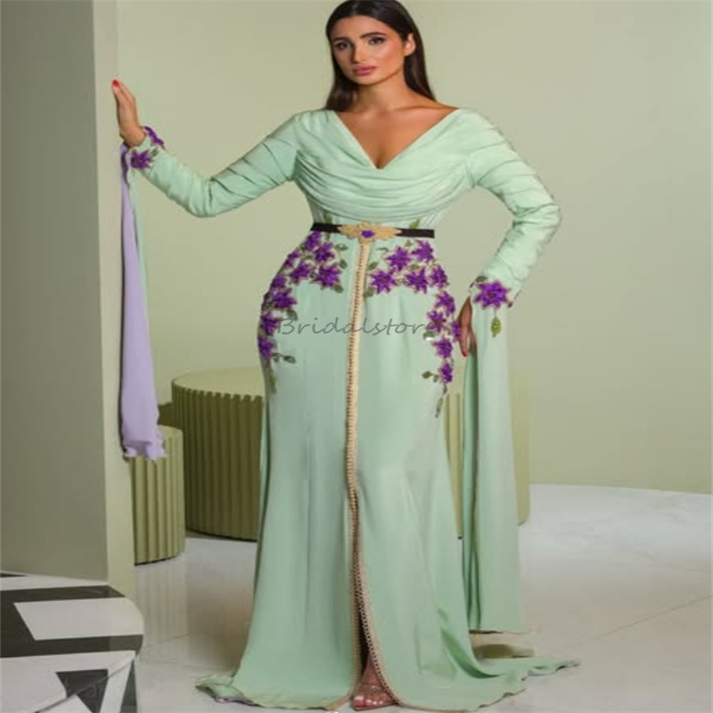 Gorgeous Mint Moroccan Evening Dress 2025 Turkish Arabian Abaya Prom Dress Applique Caftan Birthday Engagement Indian Party Dress Vestidos De Festa
