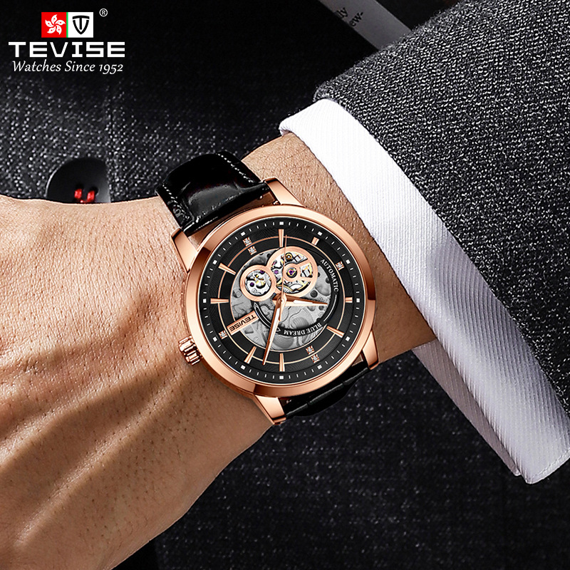 TEVISE New Style Business Fashion Mens Automatic Mechanical Watch with Leather Strap Wristwatch T031-T876C