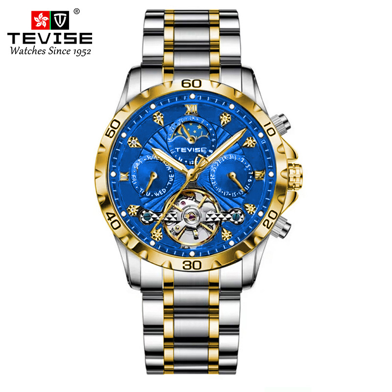TEVISE Fashion Business Mens Mechanical Watch Waterproof Tourbillon Steel Strap Multifunctional Mens Watch T024-T9009