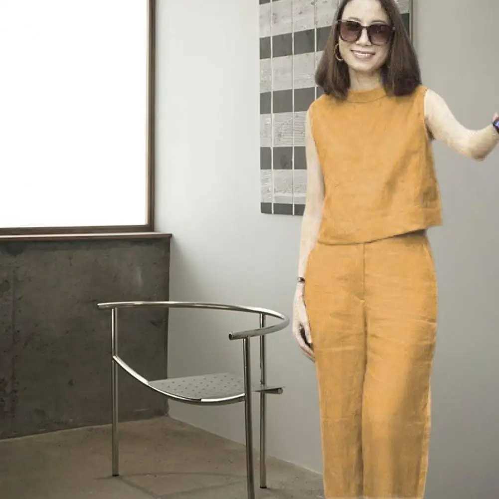 2Pcs/Set Summer Women Top Pants Set O-neck Sveless High Waist Pockets Lady Outfit Solid Color Wide Leg Long Pants SuitXJ250106