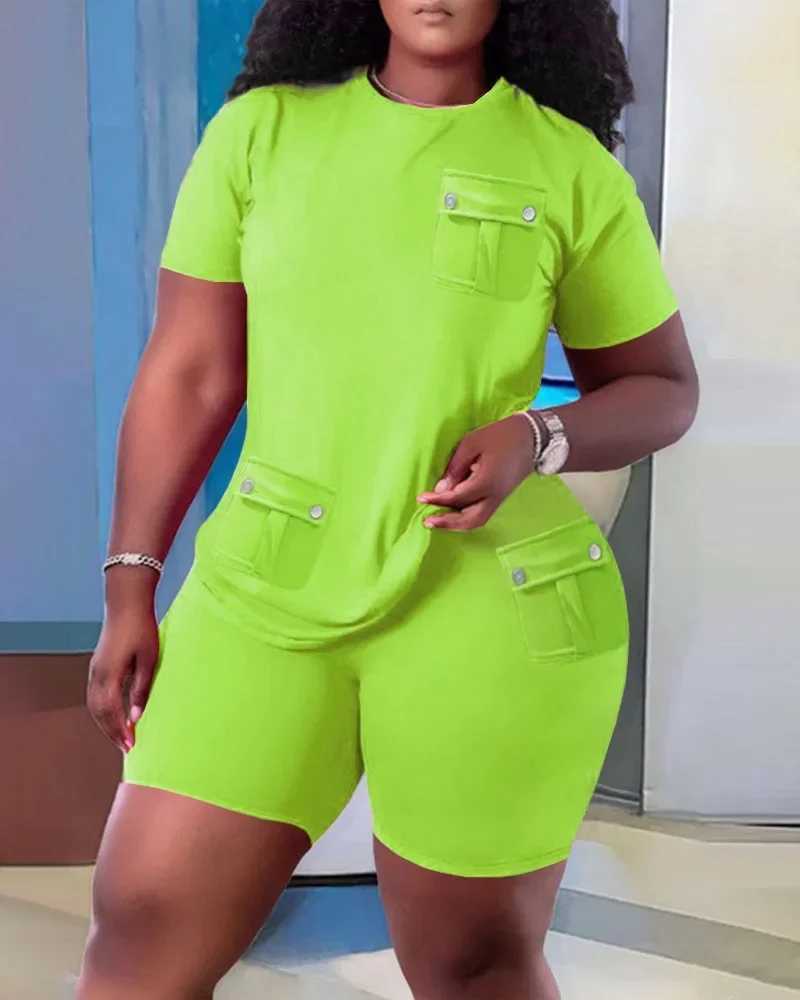 Women Two Piece Shorts Sets Solid Round Neck T Shirts Pockets Elastic Waist Short Trousers Suits Leisure Ladies 2023 SummerXJ250106