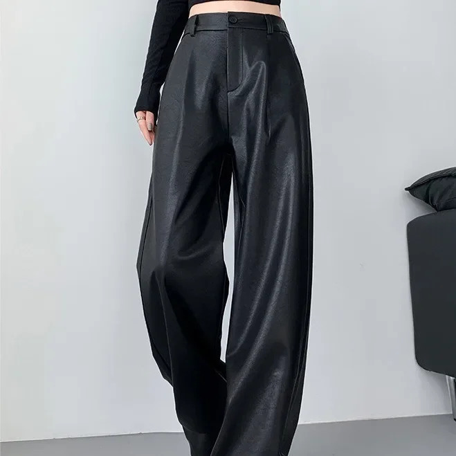 Vintage High-End FeelPU Leather Straight-Leg Pants For Women Bell Bottoms Draped Slimming Casual Trousers 250106