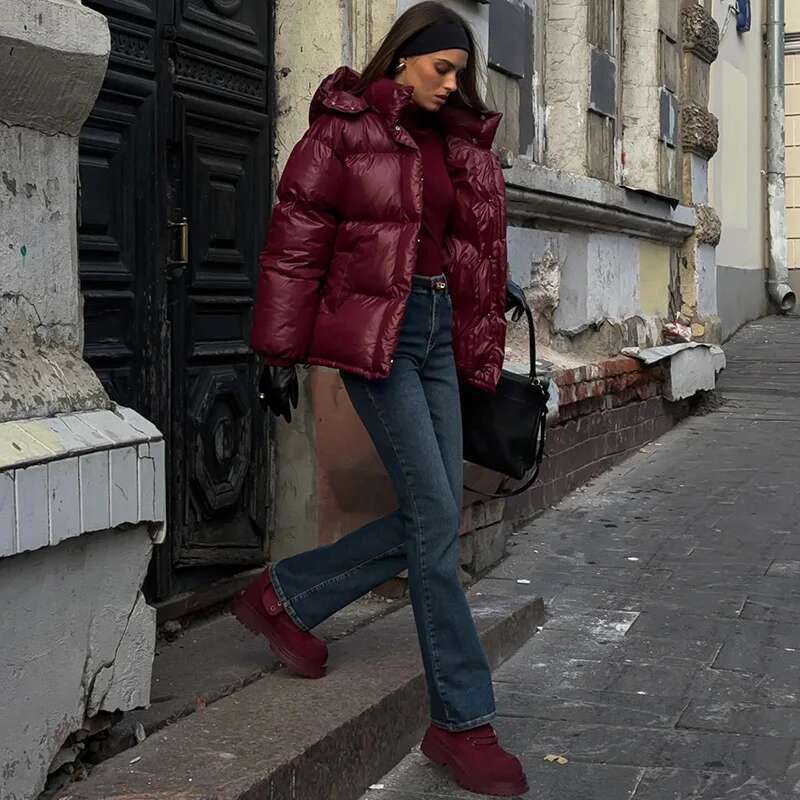 Fashion Bury Wine Red Full Sleeve Woman Cotton Coat Stand Collar Zipper Breasted Parka 2024 Lady Commute Street Outerwears