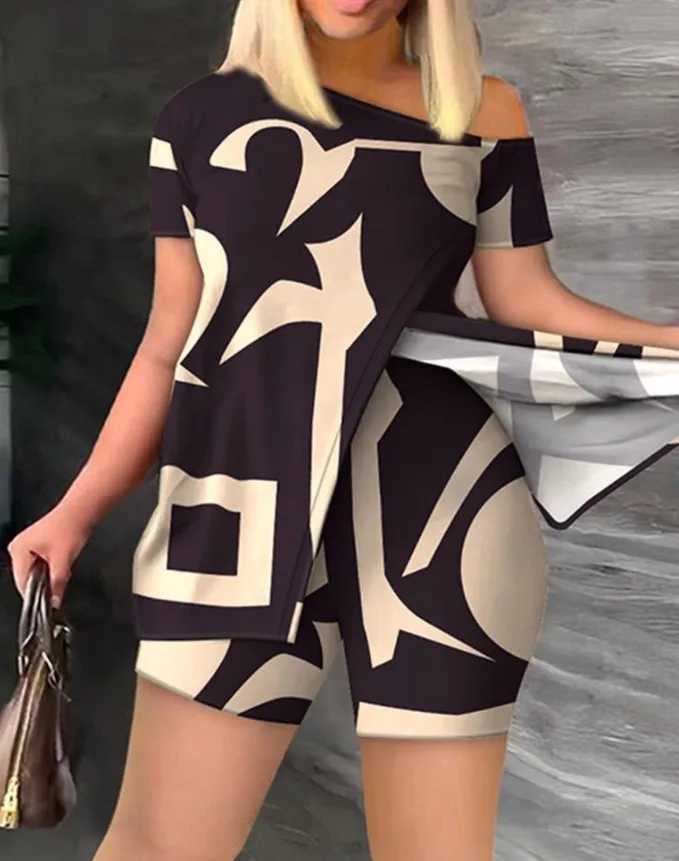 Women Short Sved Print Suit skew collar Irregular Shirt Bodycon Shorts New Casual Fashion Sexy Two Piece Set Womens ClothesXJ250106