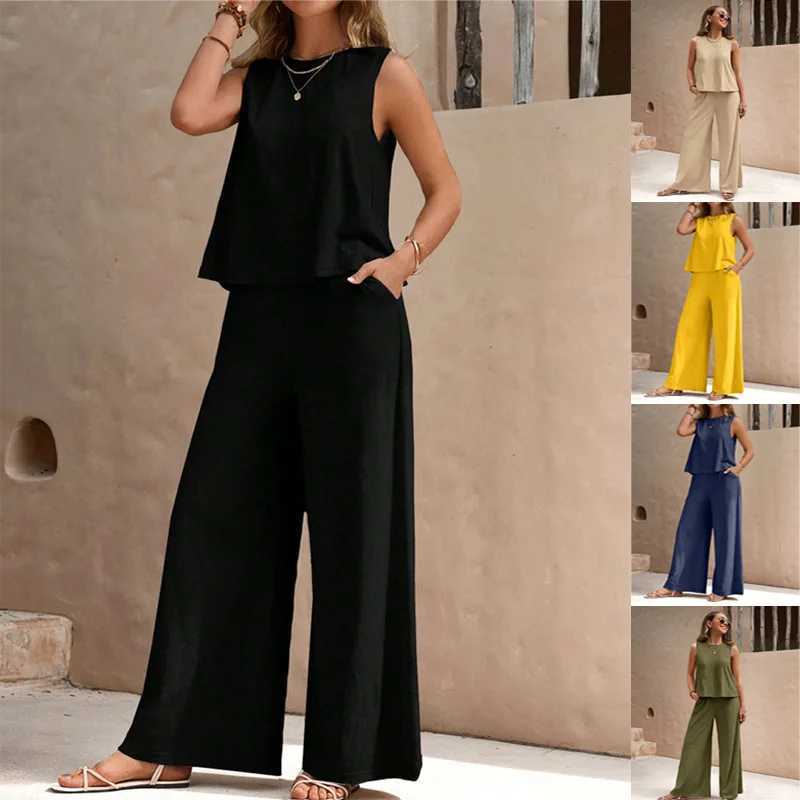 Summer Cotton And Linen Two-piece Set For Women Loose Pullover O Neck Casual Suit For Women Ele Holiday Black Fashion SetsXJ250106