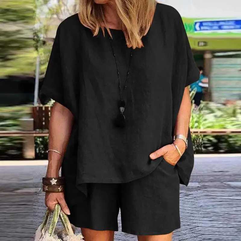 Summer New Cotton Linen Suit Plus Size Casual Sportswear Temperament Fashion Loose Short-sved Top Shorts Two-piece SetXJ250106