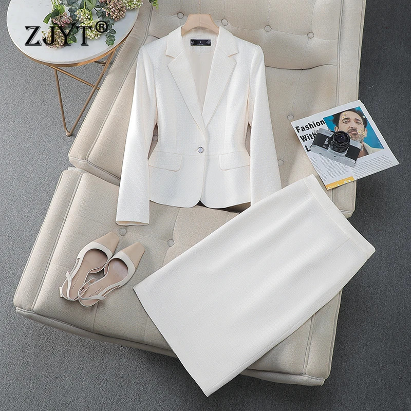 ZJYT Office Lady One Button Blazer Skirt Sets Womens Suit Elegant Conjuntos Para Mujeres 2 Piezas Work Outfit White 2025 Spring 250106