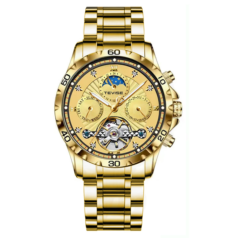 TEVISE Fashion Business Mens Mechanical Watch Waterproof Tourbillon Steel Strap Multifunctional Mens Watch T024-T9009