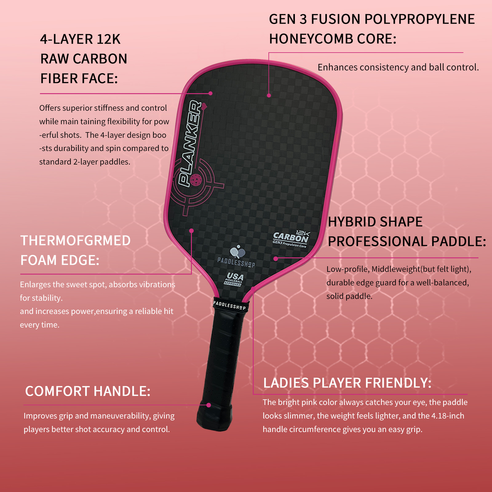 12k Raw Carbon Fiber Surface Pickleball Paddle Thermoformed Unibody 16mm Gen 3 Propulsion Core Foam Injected Enhance Control and Spin for Intermediate