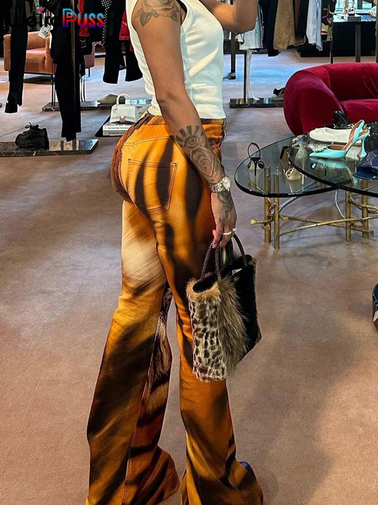 Weird Puss Tiger Print Flare Pants Women Y2K Summer Trend Skinny Elastic Wild Casual Streetwear Basic High Waist Trousers 250106