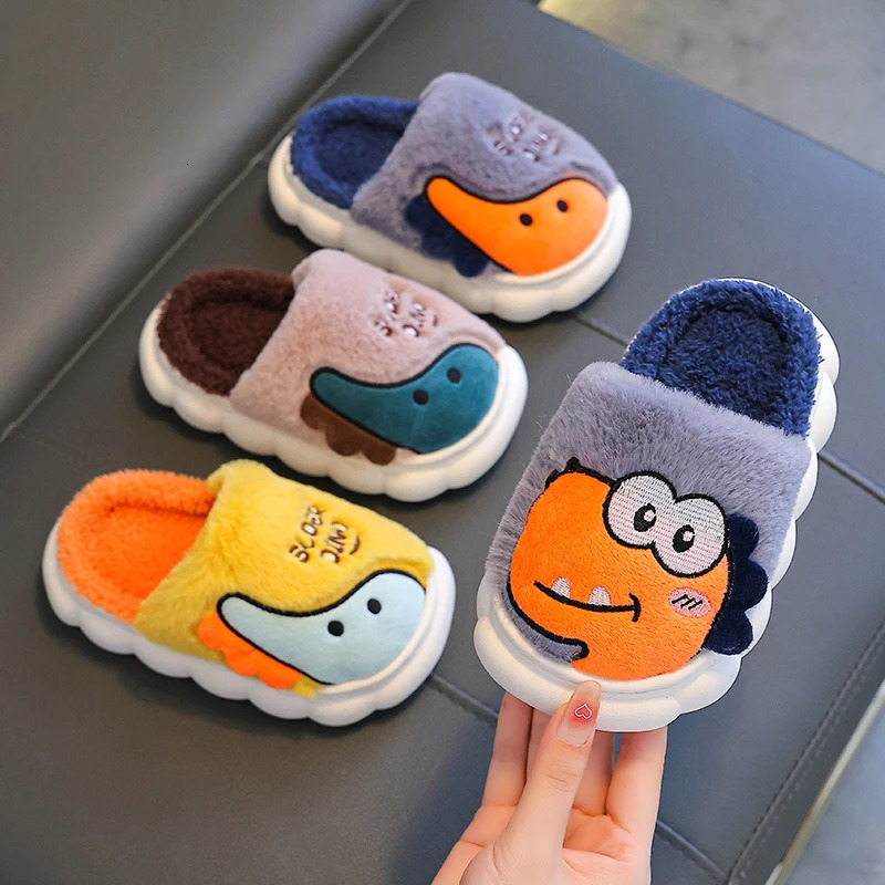 Winter Cute Cartoon Dinosaur Childrens Warm Soft Non-slip Fluffy Slippers For Girls Boys Indoor Mule Kids Home Cotton Shoes 250106