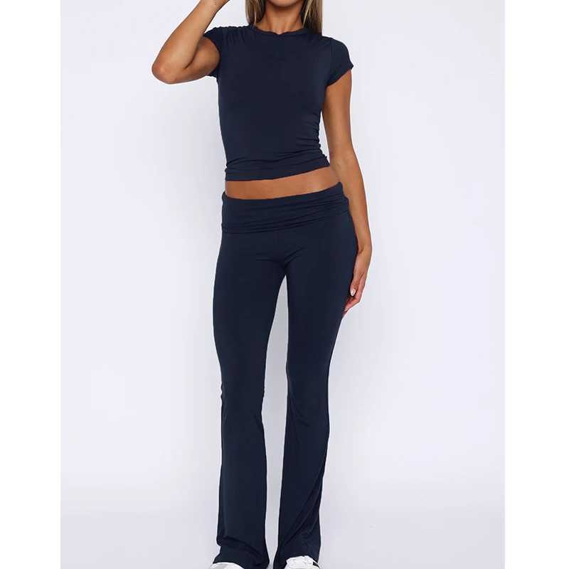 2 Piece Sets for Women Summer Sports Outfits Short Sve Solid Sexy Slim Crop T-Shirts Pants Leggings Y2K Clothes StreetwearXJ250106