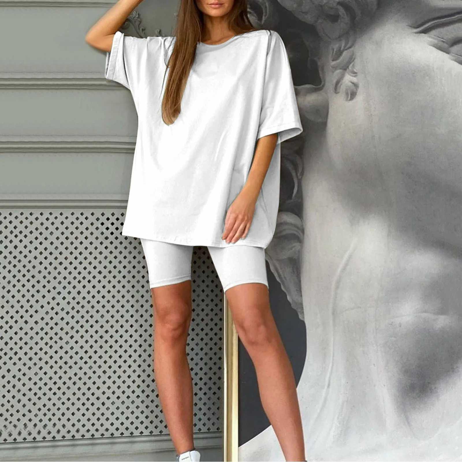 Women Half Sve T-shirt Top Shorts Belt Homewear Two Pieces Suit Leisure Set Bodycon Shorts Bottom Suit Two Piece Sets OutfitXJ250106