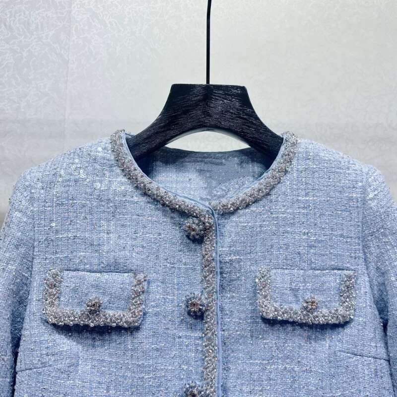 High Quality Small Fragrance Blue Coat Women O Neck Beaded Urious Shiny Long-Sleeved Office Sweet French Tweed Lady Jacket