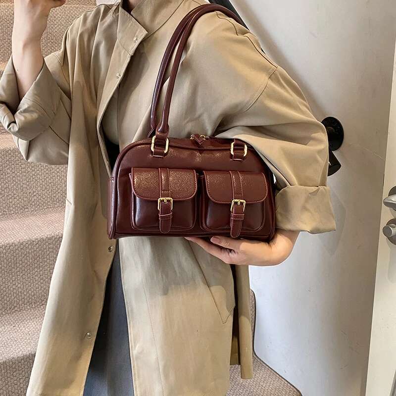 Ddmymarket Retro PU Leather Double Pockets Underarm Bags For Women 2024 Winter Y2K New Korean Fashion Female Shoulder Bag Handbags