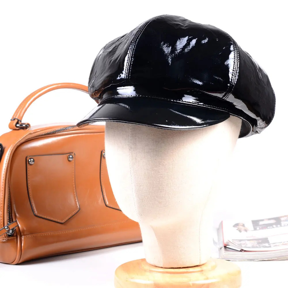 Mens Womens Ladies Real leather Shiny Black Patent Leather Fashion Beret Sailor cap Punk sboy Caps/Hats 250107