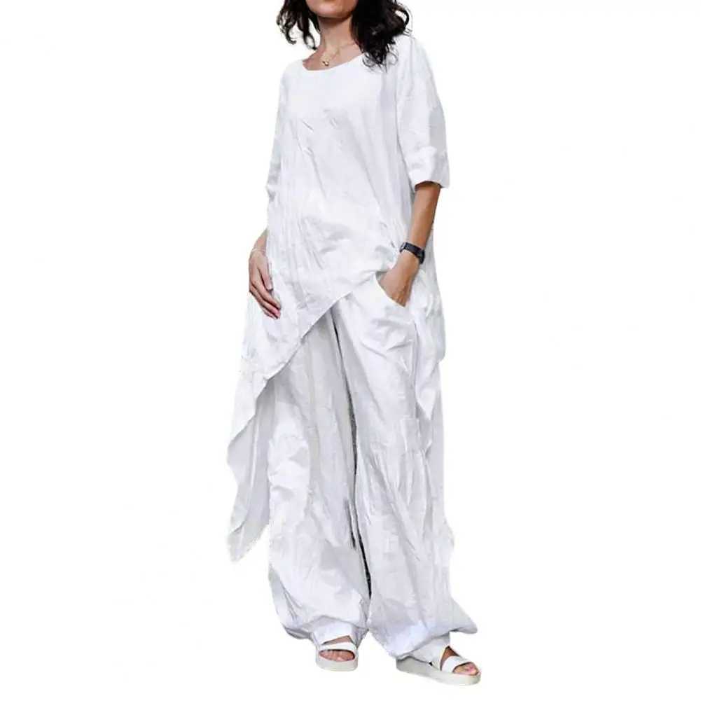 Two-Piece Set Women Outfit Shirts Pants Cotton Linen Solid Color Wide Leg Trousers Suit Women SummerXJ250106