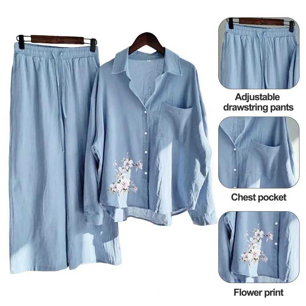 Sprind Summer Cotton Linen Womens 2 Piece Sets Outfits Printed Ele Casual Plus Size Matching Set Womens Suit Blouse PantsXJ250106