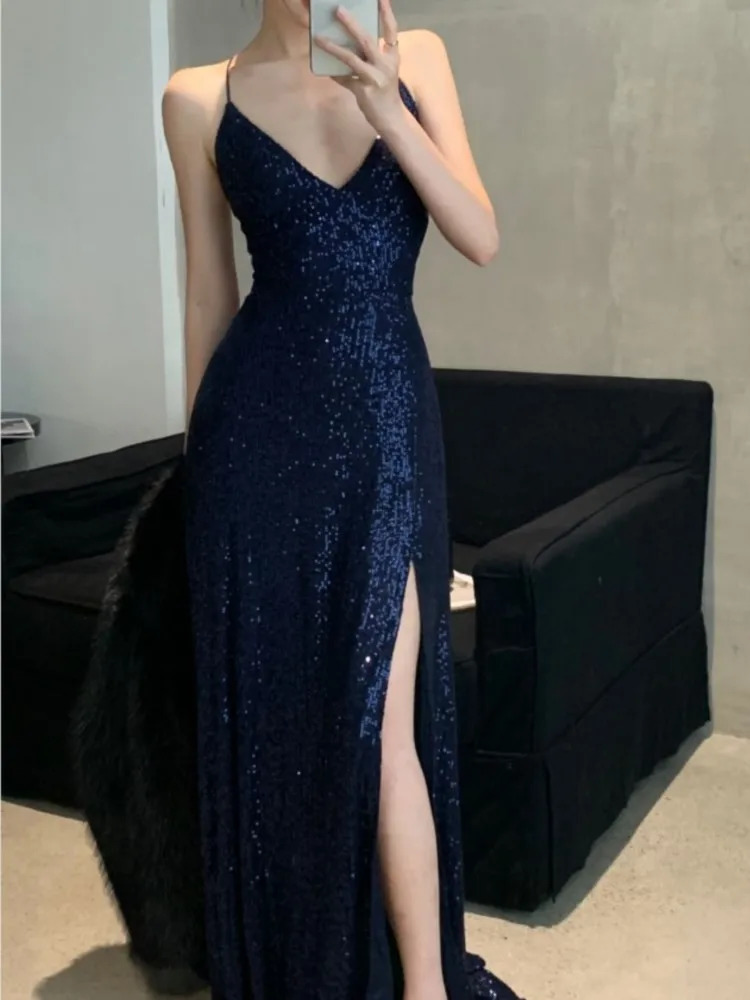 Womens Backless Sexy Split Midi Summer Dress Spaghetti Strap Slim Evening Party Prom Birthday Dresses Female Fashion Long Robe 250103