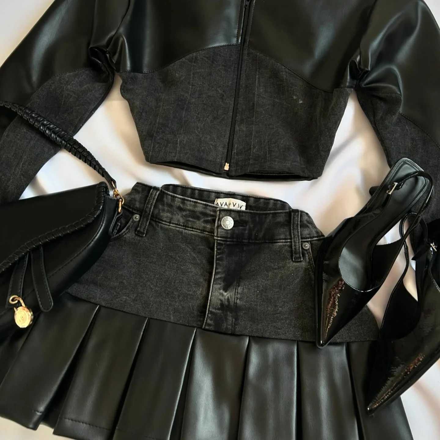 Mens two-piece set womens Y2K clothing retro leather patch work denim cloth leather retro slim cut top long Sve zipper jacket set W250107