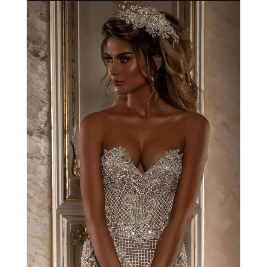 Dress Wedding Vintage Mermaid Strapless Sweetheart Sequined Lace Arabic Trumpet Bridal Gowns Soiree Lacefull Robe De Mariage 0622 Full