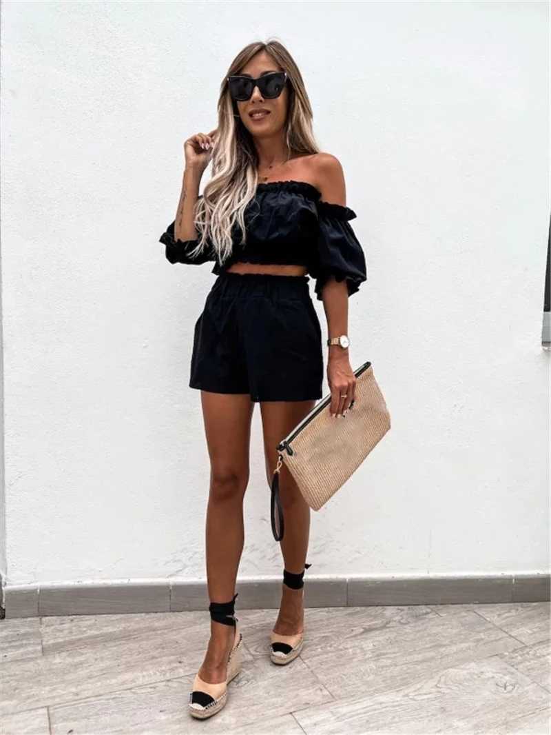 Women Casual Short Sve Outfit 2023 Summer Fashion One-Word Collar Lantern Sve Pocket Suit Fe Top Shorts Two Pieces SetXJ250106