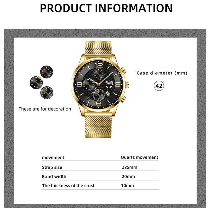 2pcs Fashion Mens Gold Stainless Steel Watches Luxury Quartz Wrist Watch Men Business Casual Calendar Watch Men Necklace SetsX250107