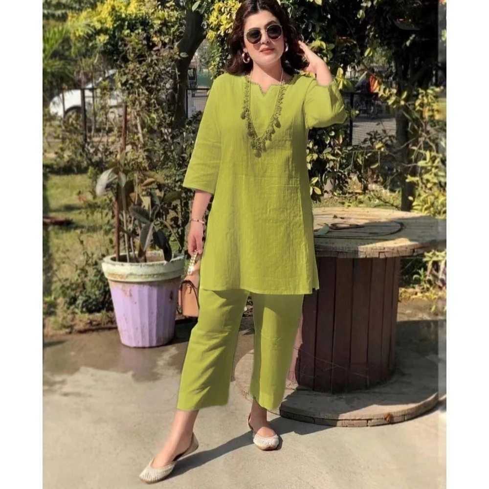 Casual Ele Womens Cotton Linen Set V-Neck Loose Side With Slit Top Wide Leg Pant Pocket Home Wear Ethnic Office Ladys SuitXJ250106